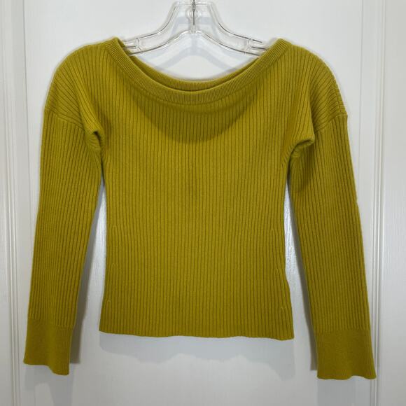 Anthropologie Off the Shoulder Cashmere Sweater Ribbed Slit Elbow Chartreuse S - Picture 3 of 6